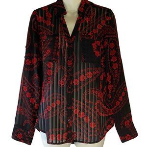 Express  Portofino Shirt Slim Fit Roll Tab Sleeve Sheer Red & Black Paisley Sz S